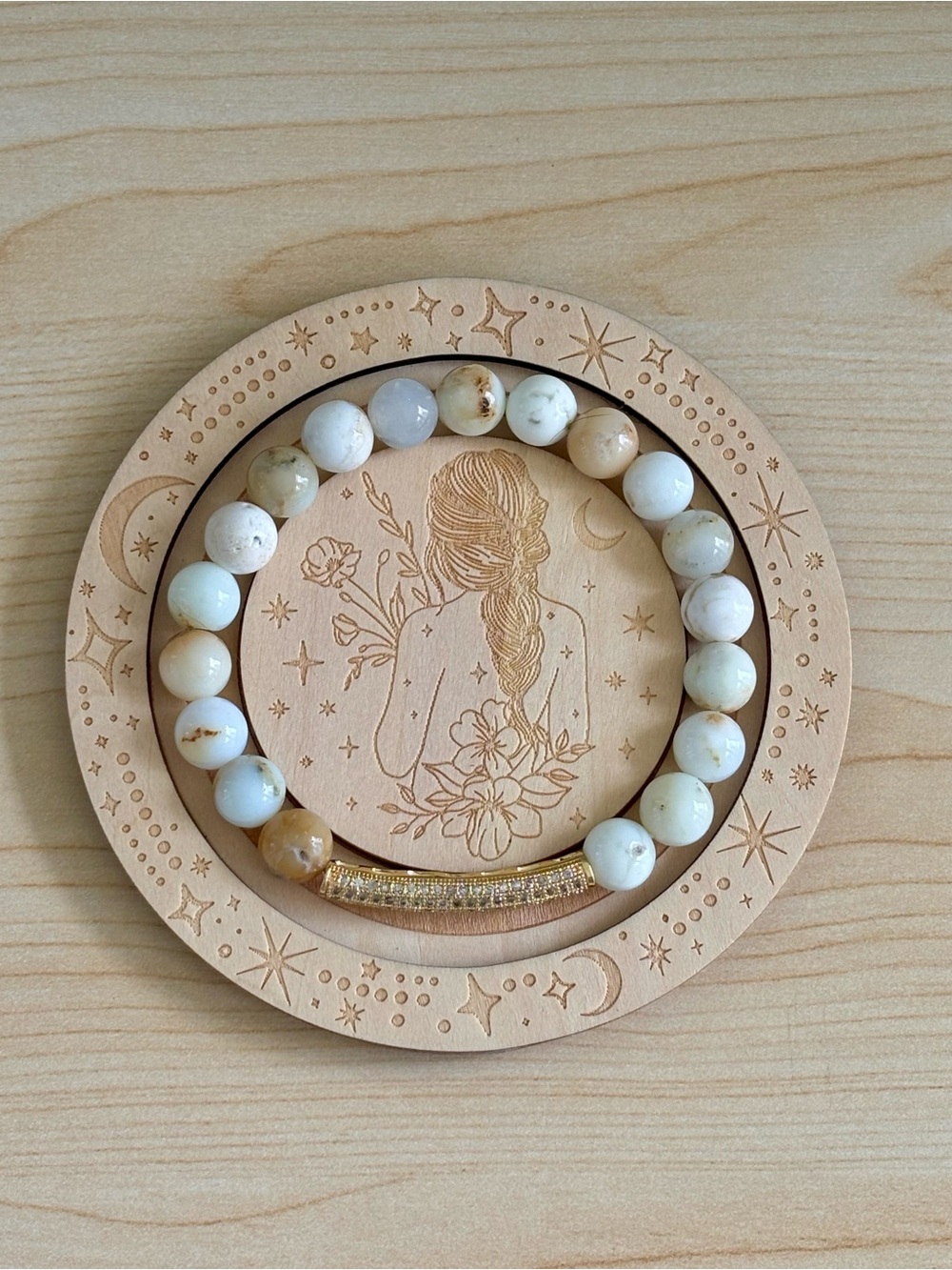 Natural White Opal Beaded Bracelet with CZ  Gold tone Bar